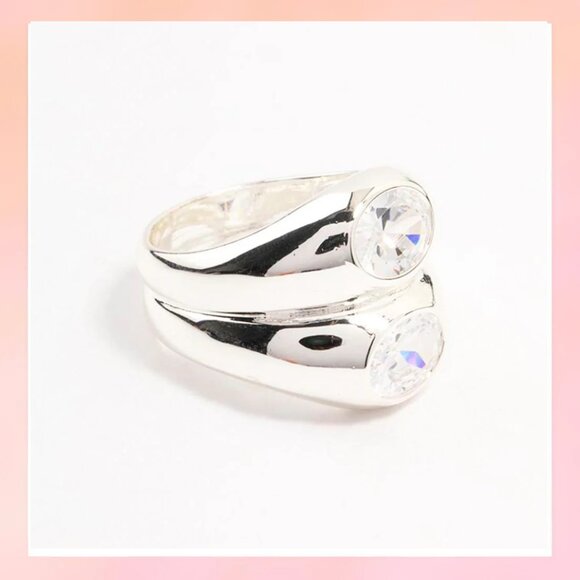 Jewelry - Silver Plated Oval Cubic Zirconia Puffy Stacking Ring